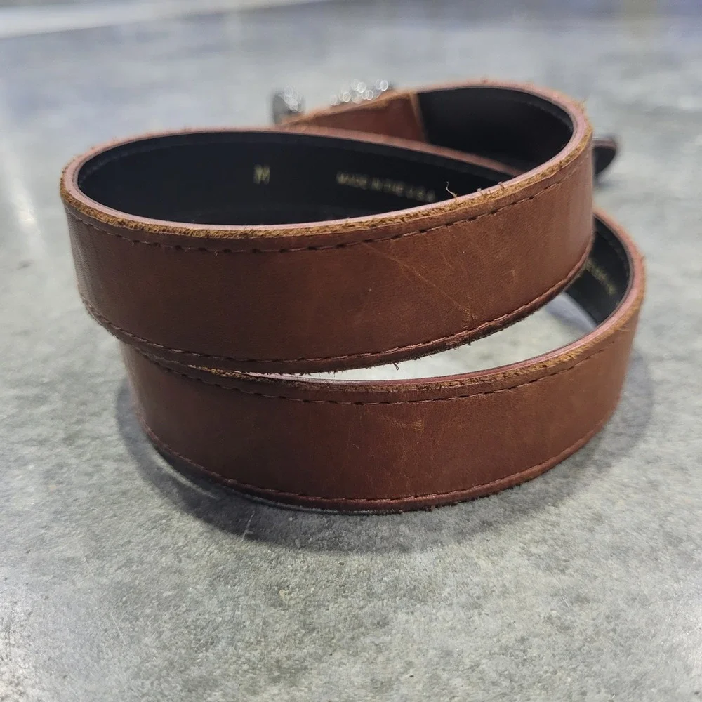 VTG A. Brod Belt Med Brown Leather Western Silver Buckle Engraved Cowgirl Rodeo